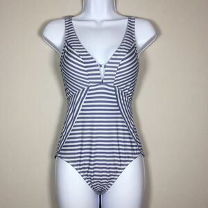 Blue & white striped swimsuit skimming pattern hidden foam pool beach beachy S